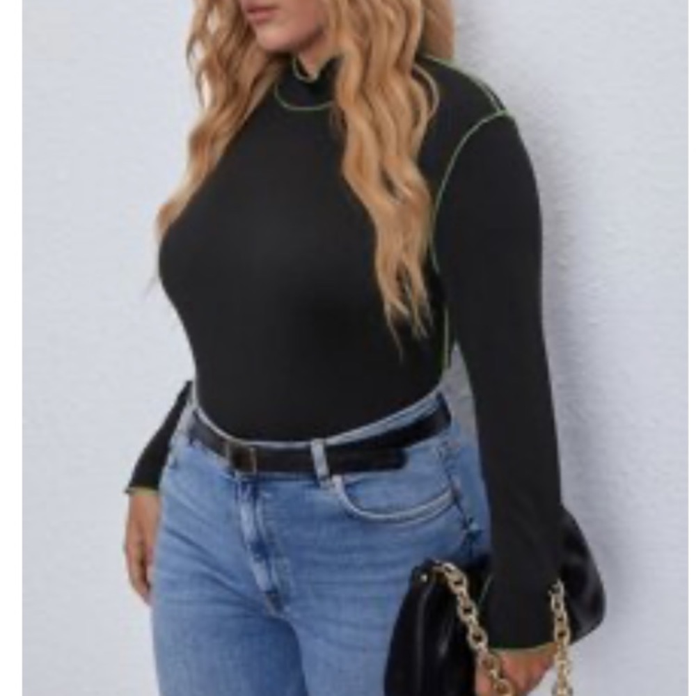 SHEIN Contrast Topstitching Mock Neck Rib-Knit-SZ 2XL-Black